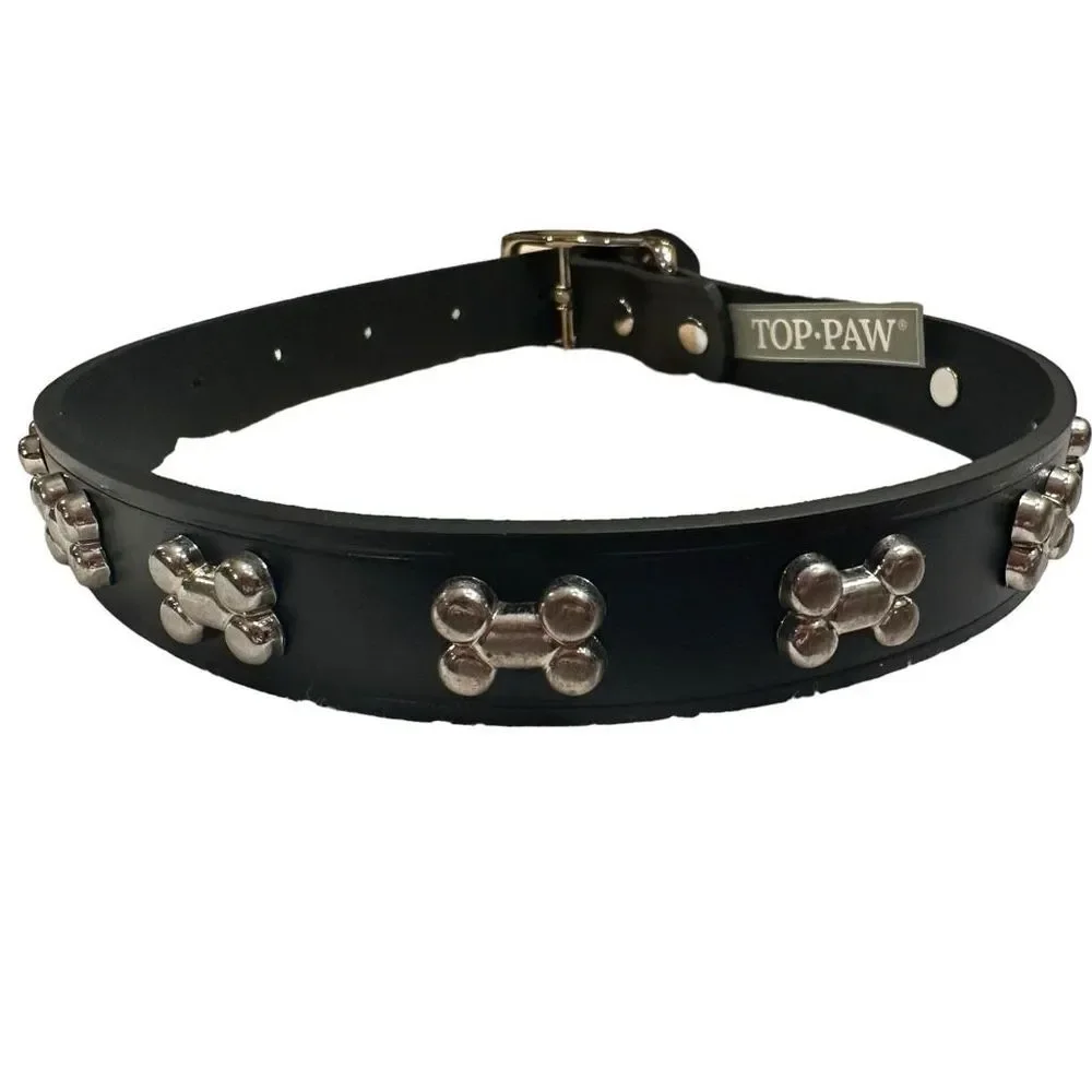 Top Paw Bone Studded Black‎ Leather Dog Collar Size Medium 14-18 in